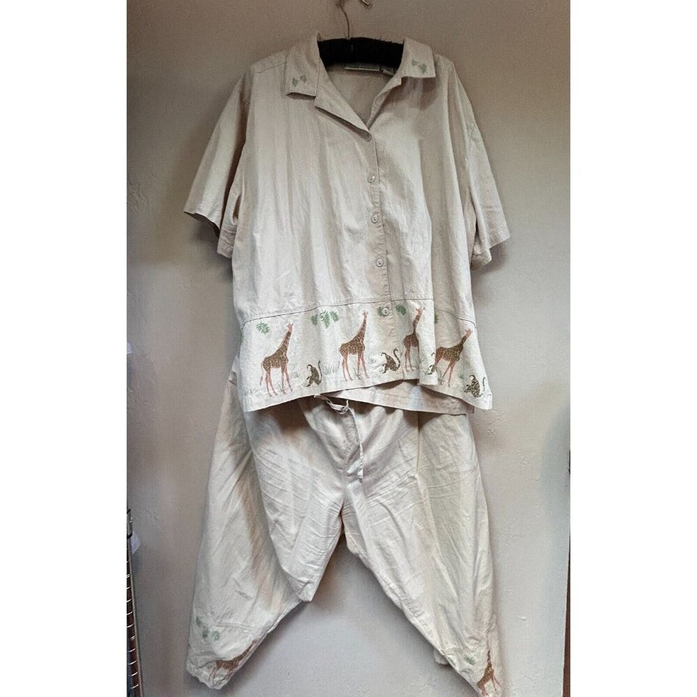 Jane Ashley Women's Safari Giraffe Shirt Capri Pants Set Size 2X Cotton Beige